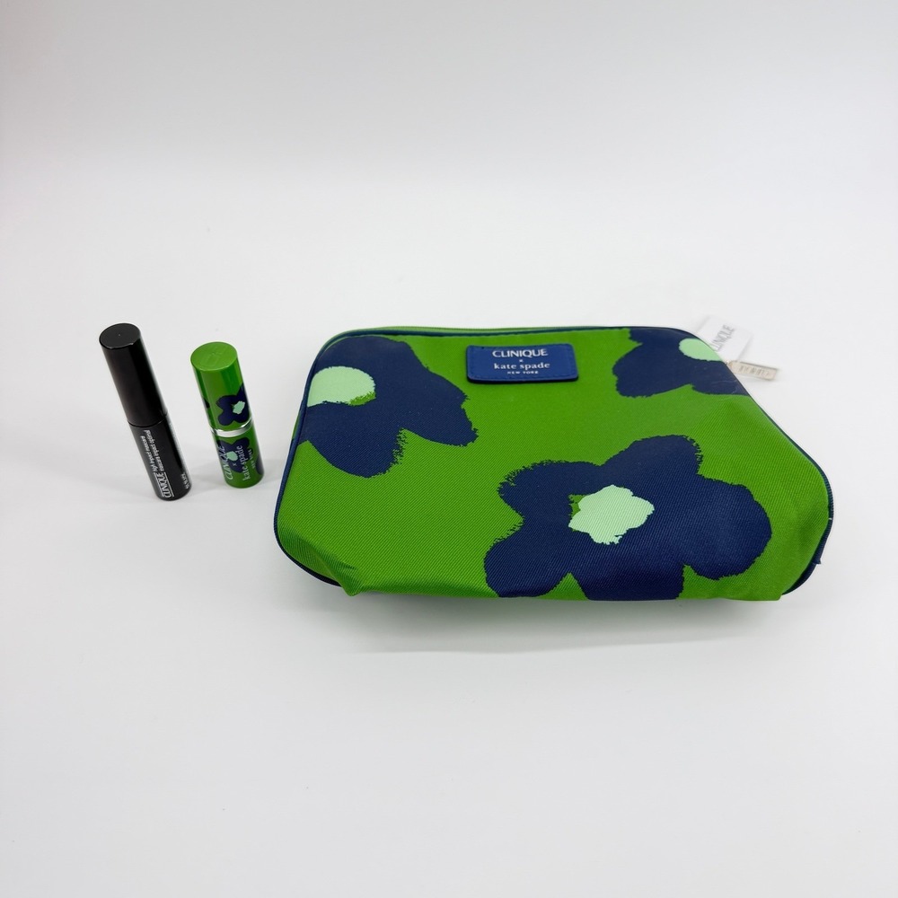 Clinique Kate Spade Floral Makeup Bag Set Green Navy New!